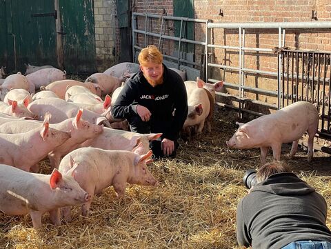 Junger Mann mit Schweinen 
